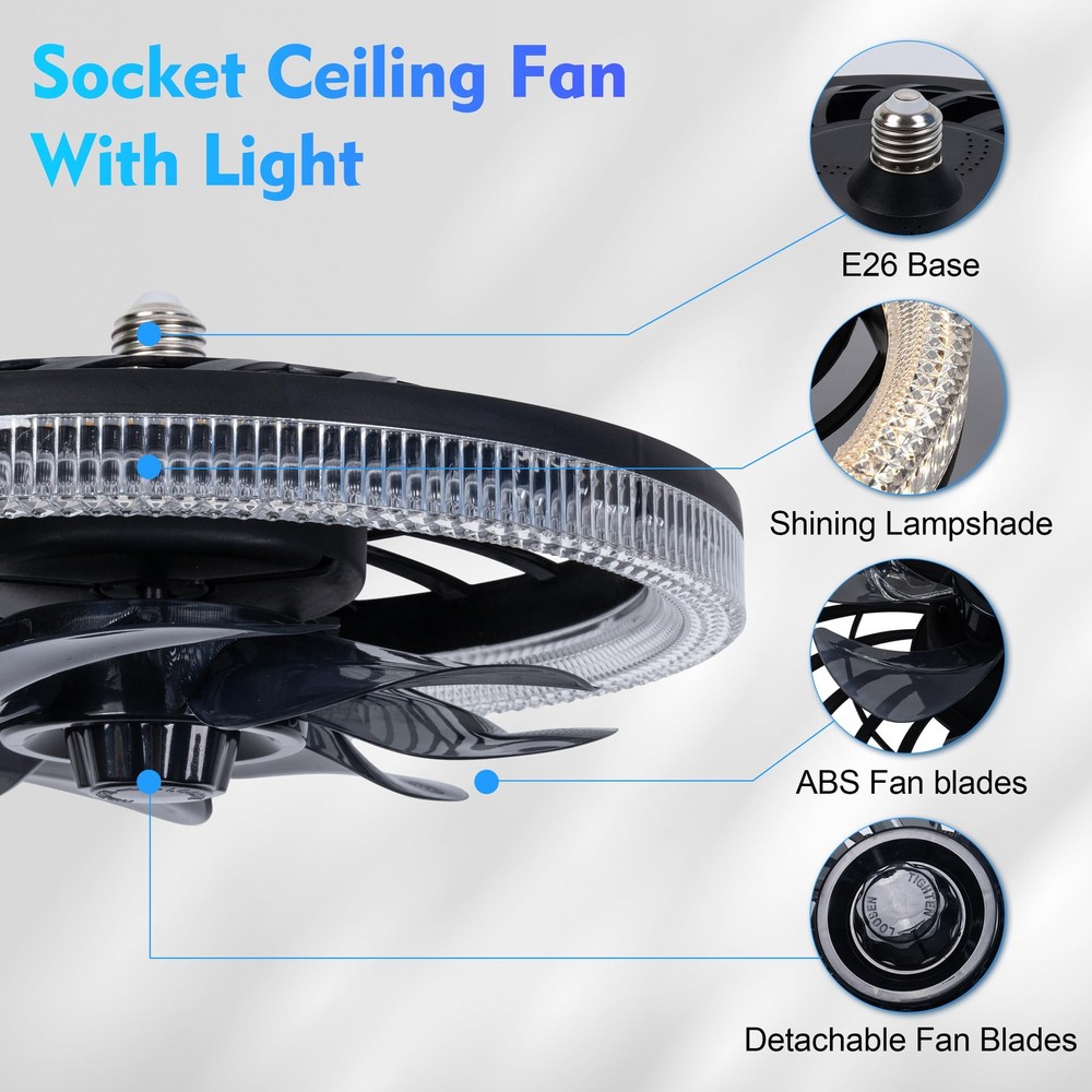 Socket Ceiling Fan Light,Bulb with Remote,Dimmable E26 Base Black