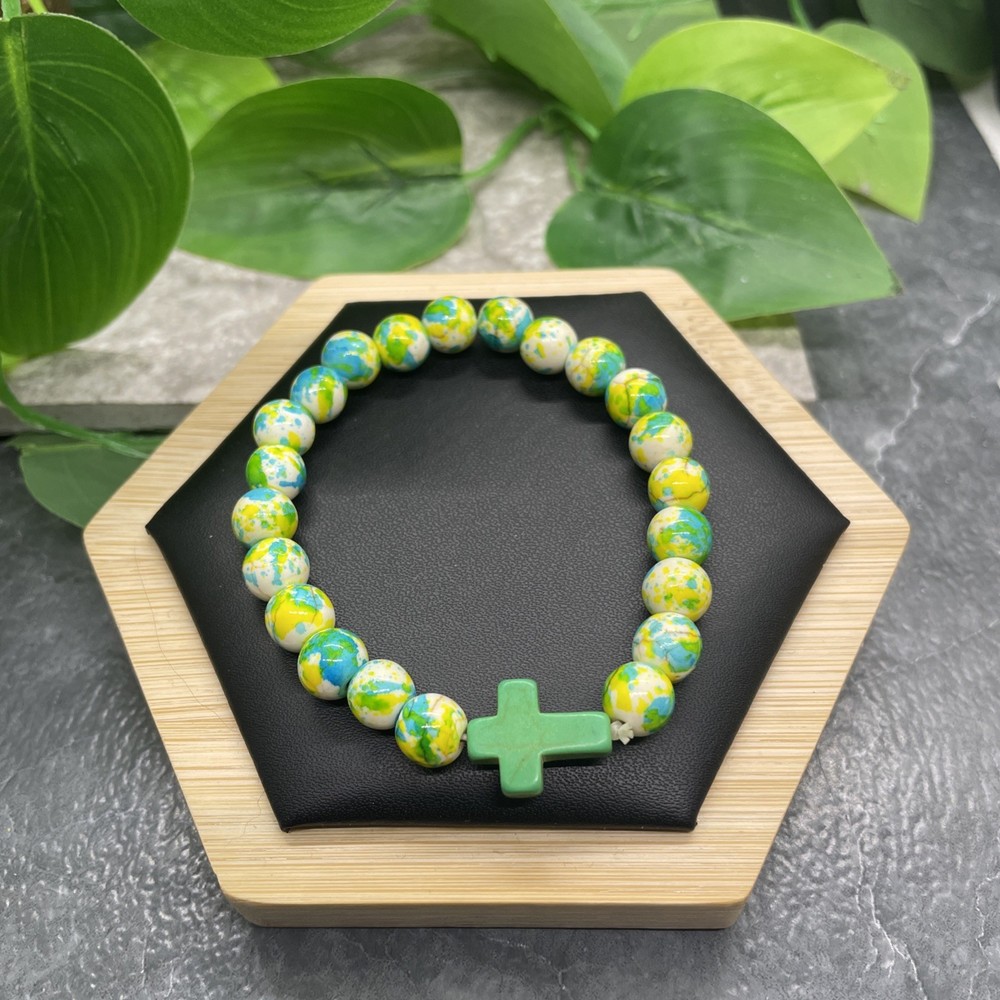 Handmade Stone Bead Stackable 6.5” Plus Stretch Bracelet Cross B8263