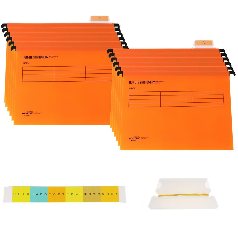 12 Pcs Orange A4 Hanging File Folders, Waterproof, Adjustable Tabs, Inserts