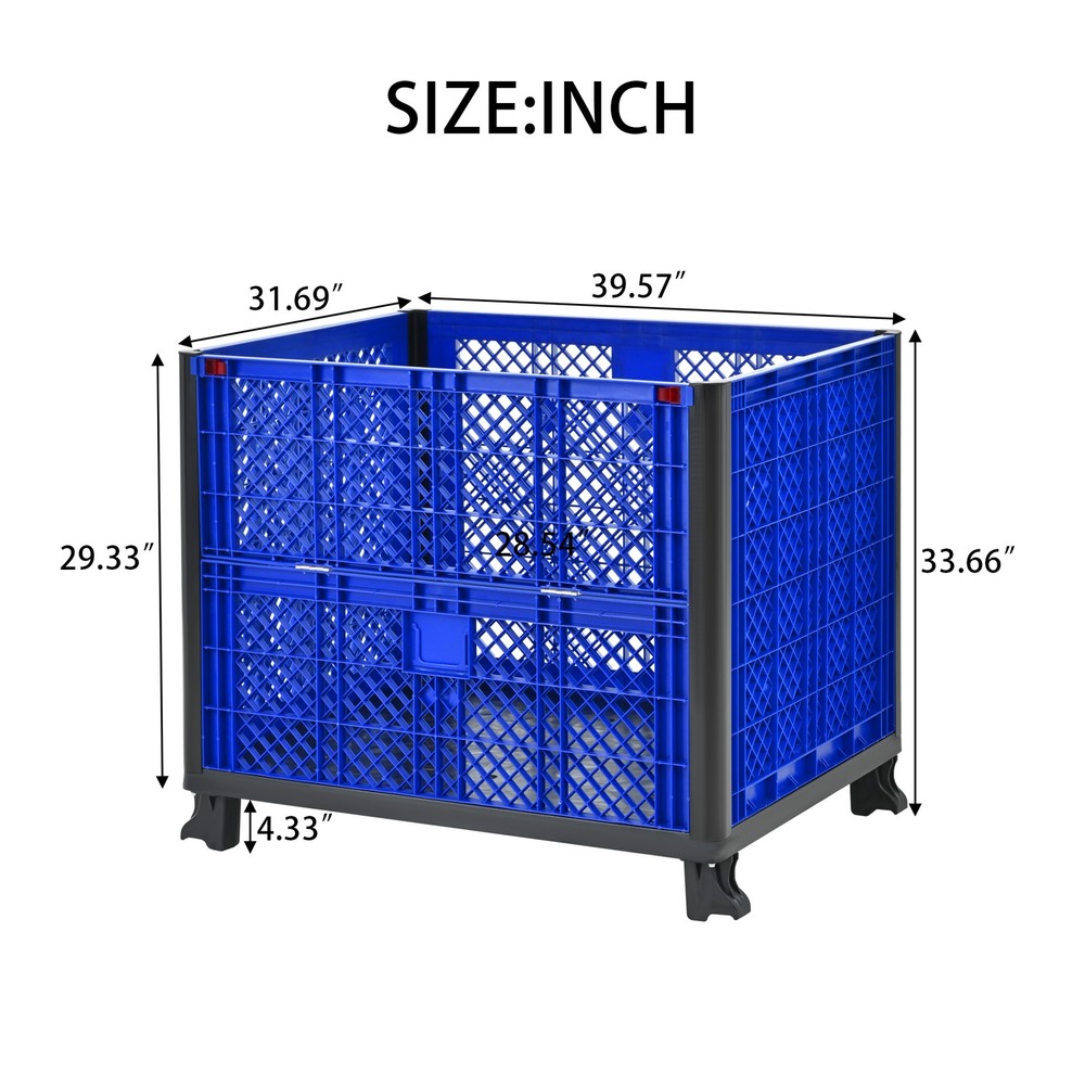 Collapsible Bulk Container Mesh Walls 600lb Capacity Stackable 4 High Blue
