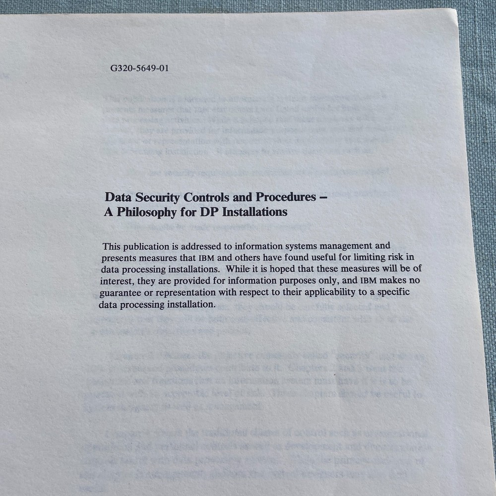 Vintage IBM Data Security Controls Procedures DP Installations 1977 2nd Ed. PC