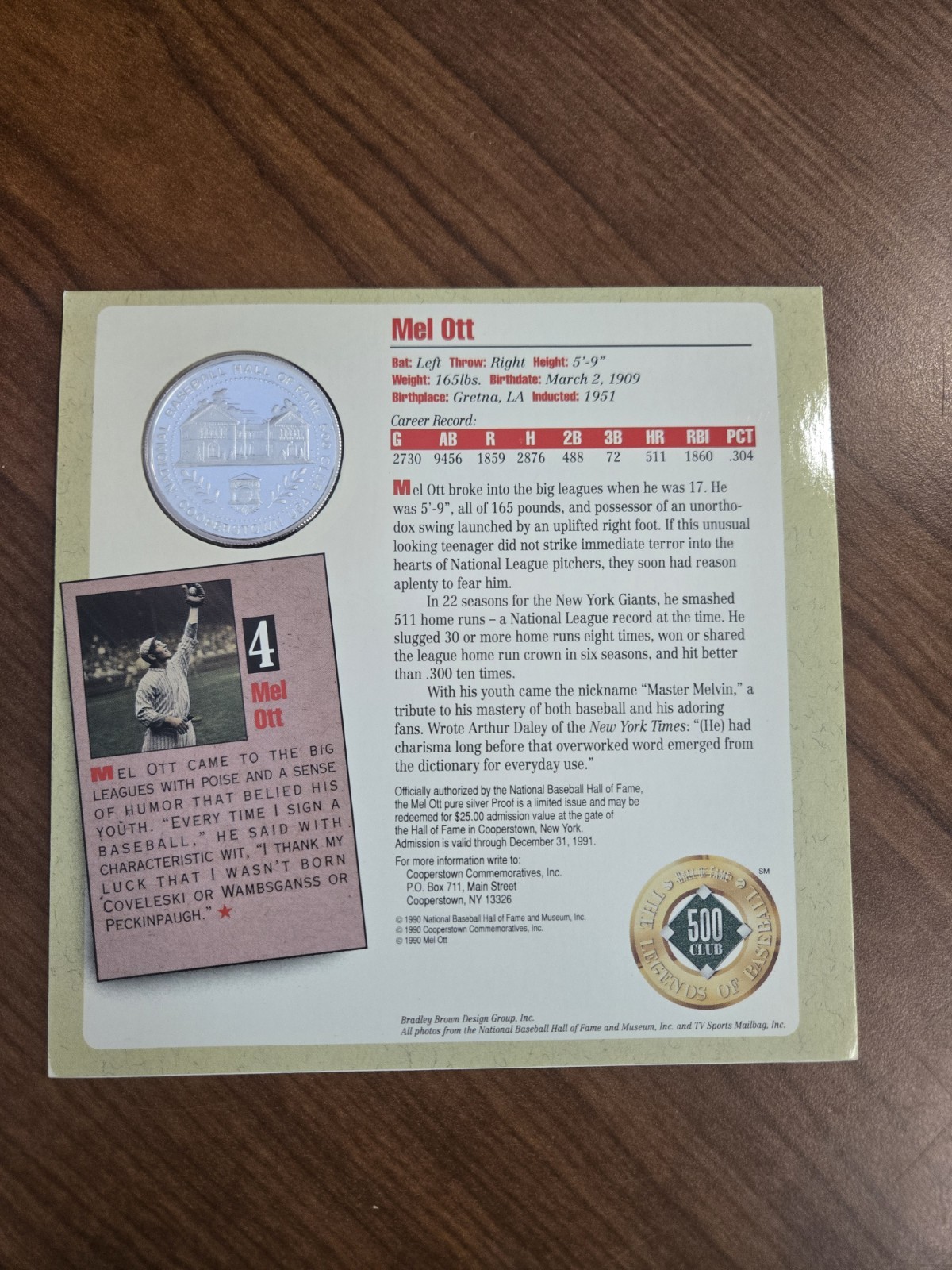 HALL OF FAME LEGENDS OF BASEBALL 500 HR CLUB, MEL OTT PURE SILVER PROOF COIN
