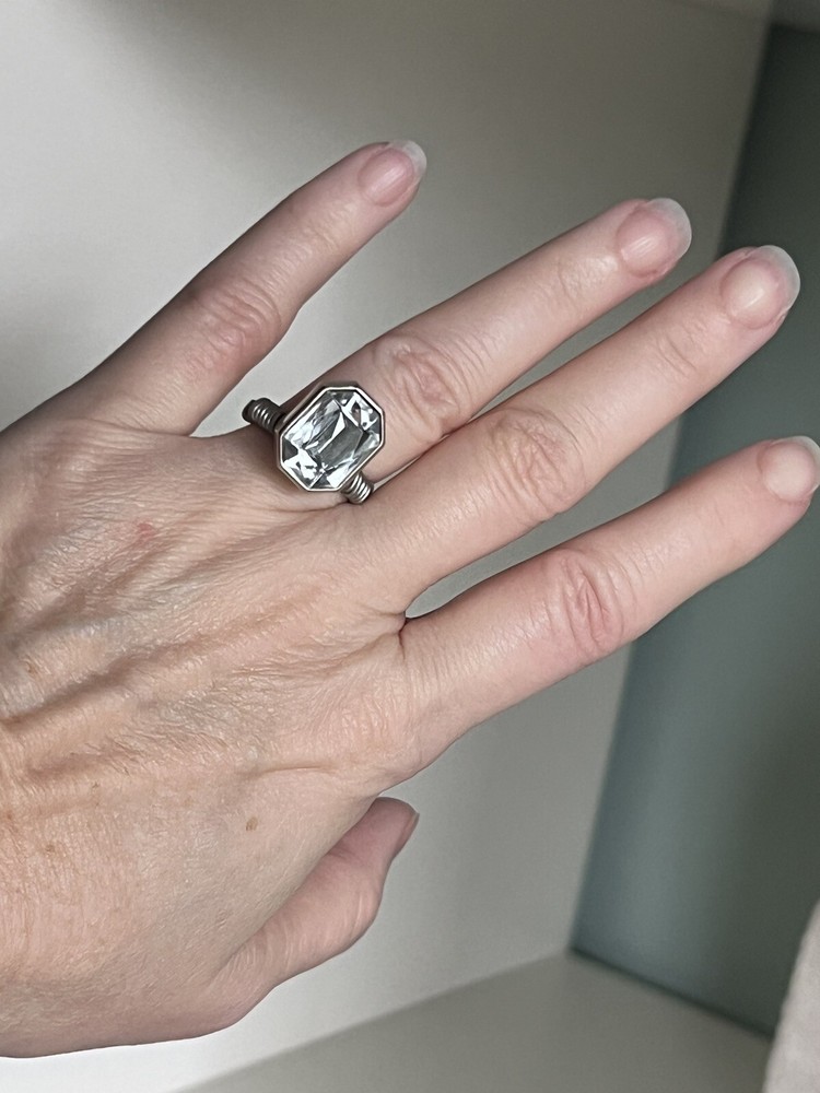 Silver and Crystal Sparkly Wire Wrapped Button Ring Size 6