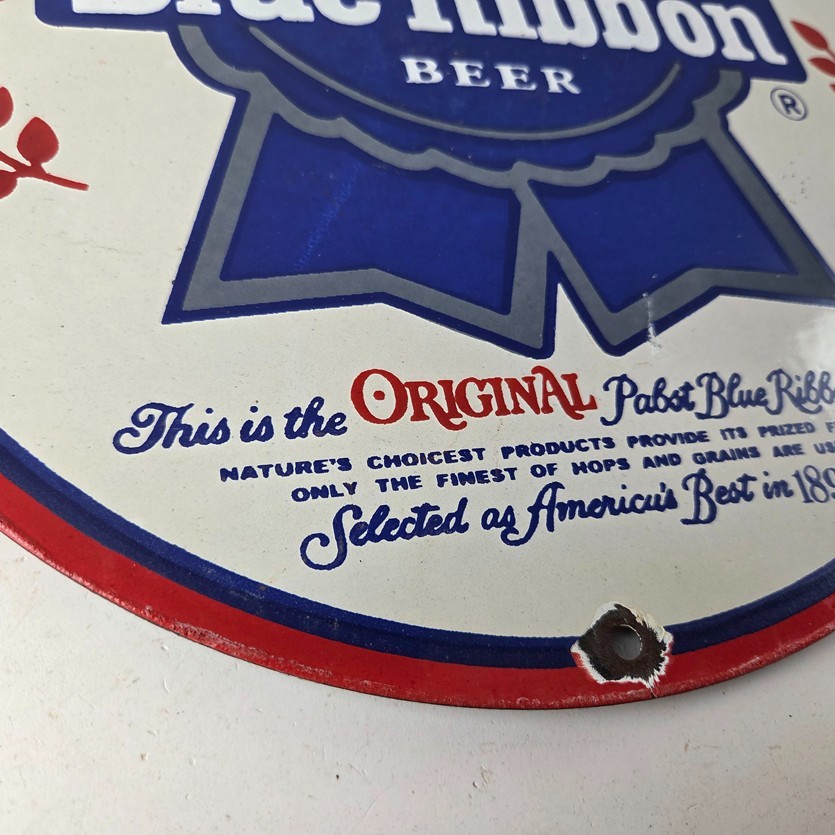 Vintage Pabst Blue Ribbon Beer Porcelain Sign - Ribbon Badge Logo Sign