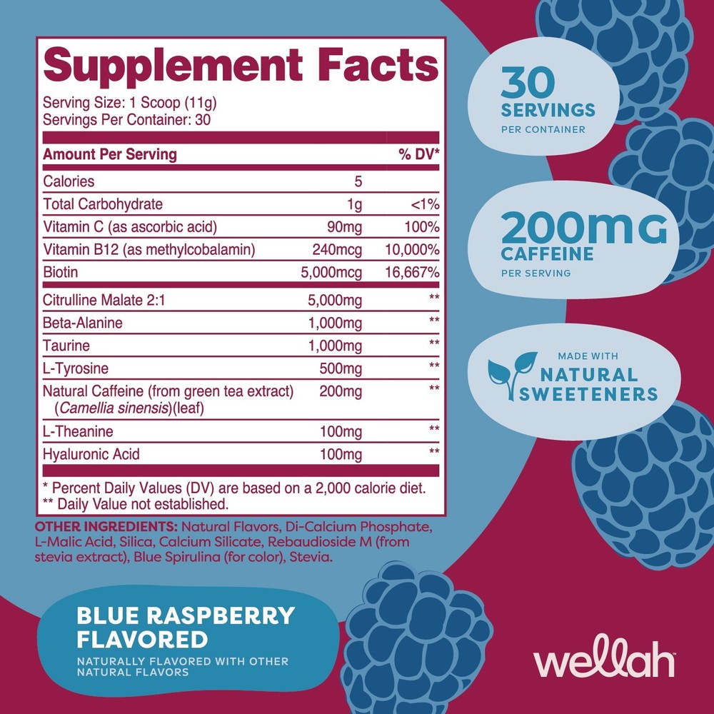 Wellah Get-Going Pre-Workout Drink Mix (Blue Raspberry) - 200mg Natural Caffeine