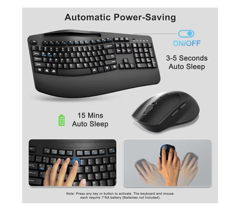 Wireless Keyboard and Mouse Combo, 2.4G Full Size Wave Keys Ergonomic