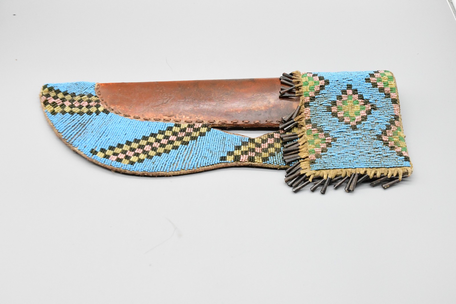 14" 1880s Blackfoot Knife Sheath Blue Beaded and Rawhide With Cones