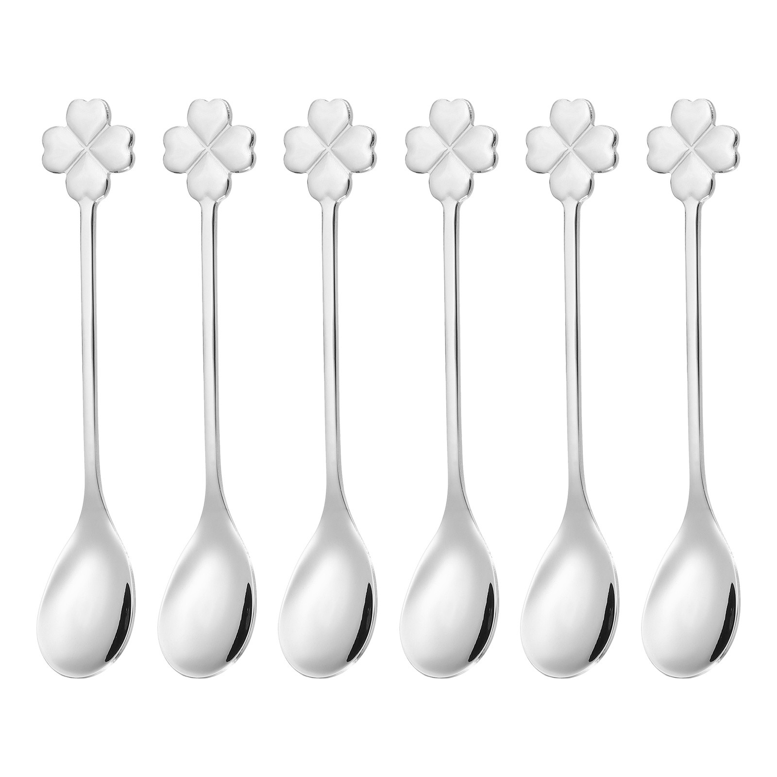 6pcs Coffee Spoons, Four Leaf Grass Tea Spoons Stainless Steel, Silver