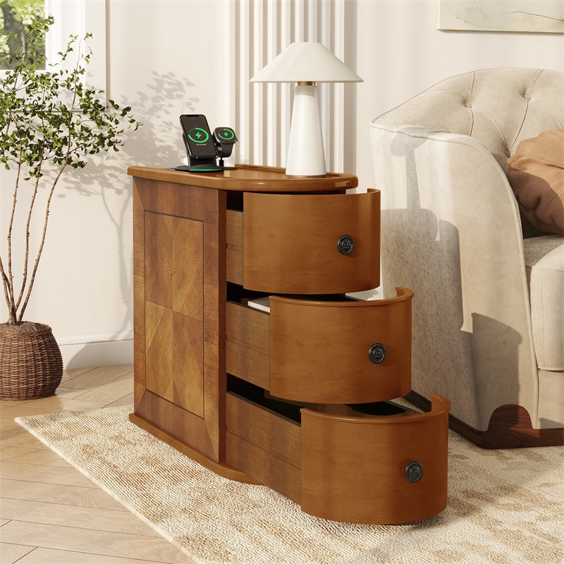 End Table with Charging Station Mid-Century Modern Sofa Side Table with 3 Drawer