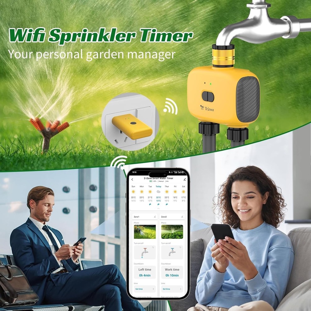 Automatic WiFi Hose Timer - 2-Zone Water Controller for Lawn/Garden w/Delay