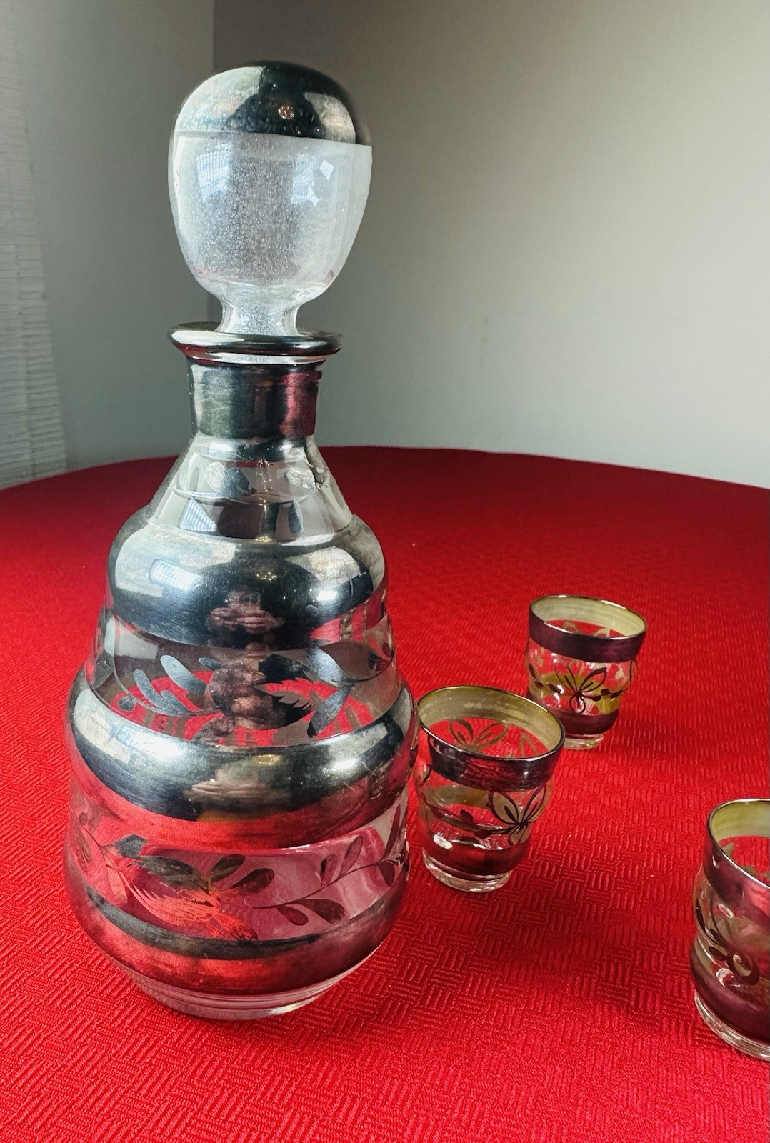 Antique 8 Piece Sterling Silver Overlay Decanter Set Art Deco Liquor Hand Blown