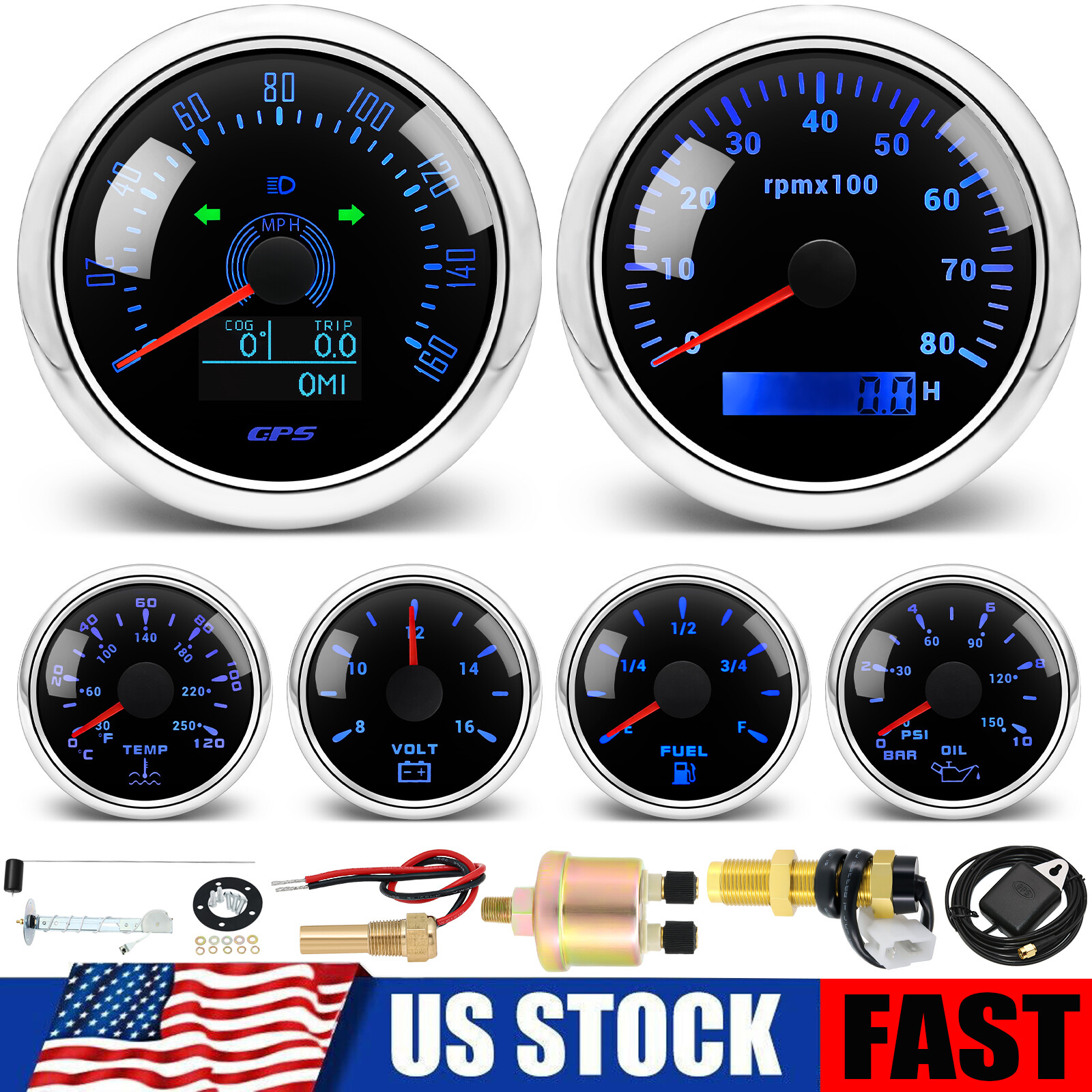 6 Gauge Set 85mm GPS Speedometer 160MPH Tacho&52mm Fuel/Oil/Temp/Volt Gauge US