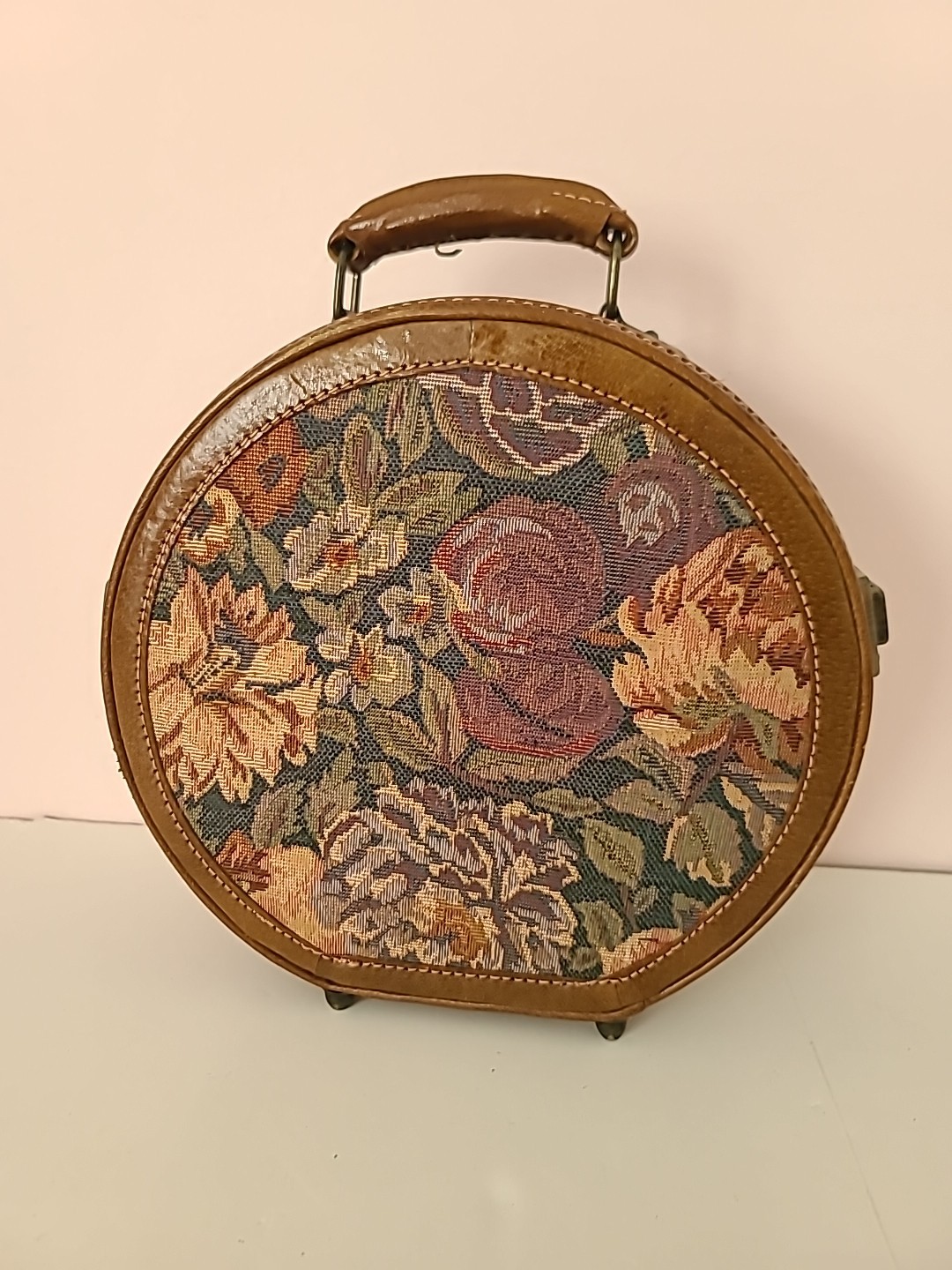 Floral Tapestry Round Train Case Vintage Travel Storage