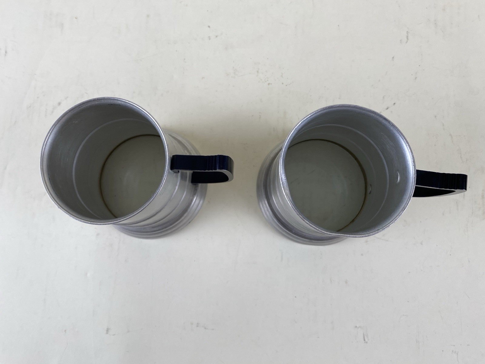 Pair Apex Aluminum Pewter Beer Steins Mugs w Glass Bottom Black Handle Hong Kong