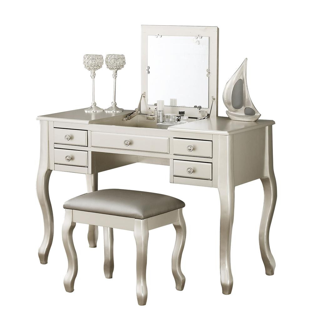 Poundex Wooden Makeup Vanity Set Desk, Mirror and Stool - Silver, 43" W x...