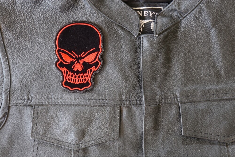 Embroidered Patch (Iron-On), Evil Skull Red on Black, 3" x 4.25"