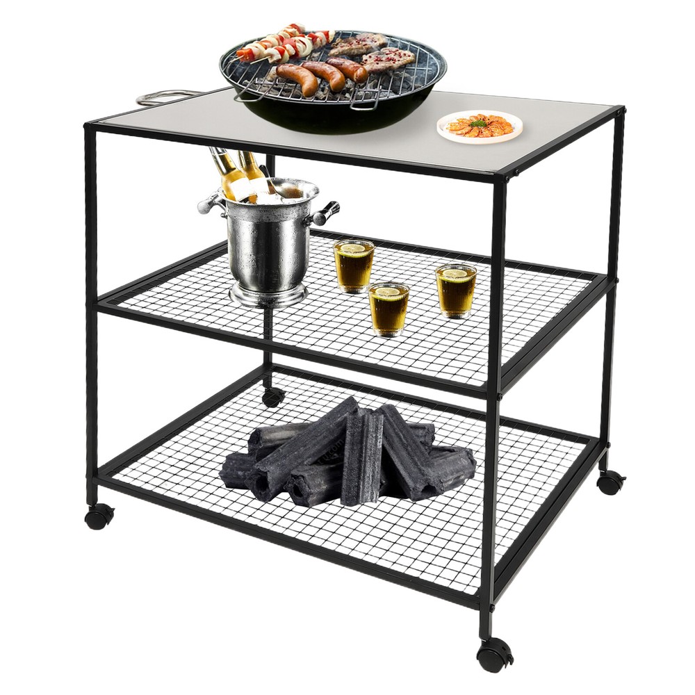 Mobile Dining Cart Camping BBQ Food Prep Table Kitchen Serving Table Stainless