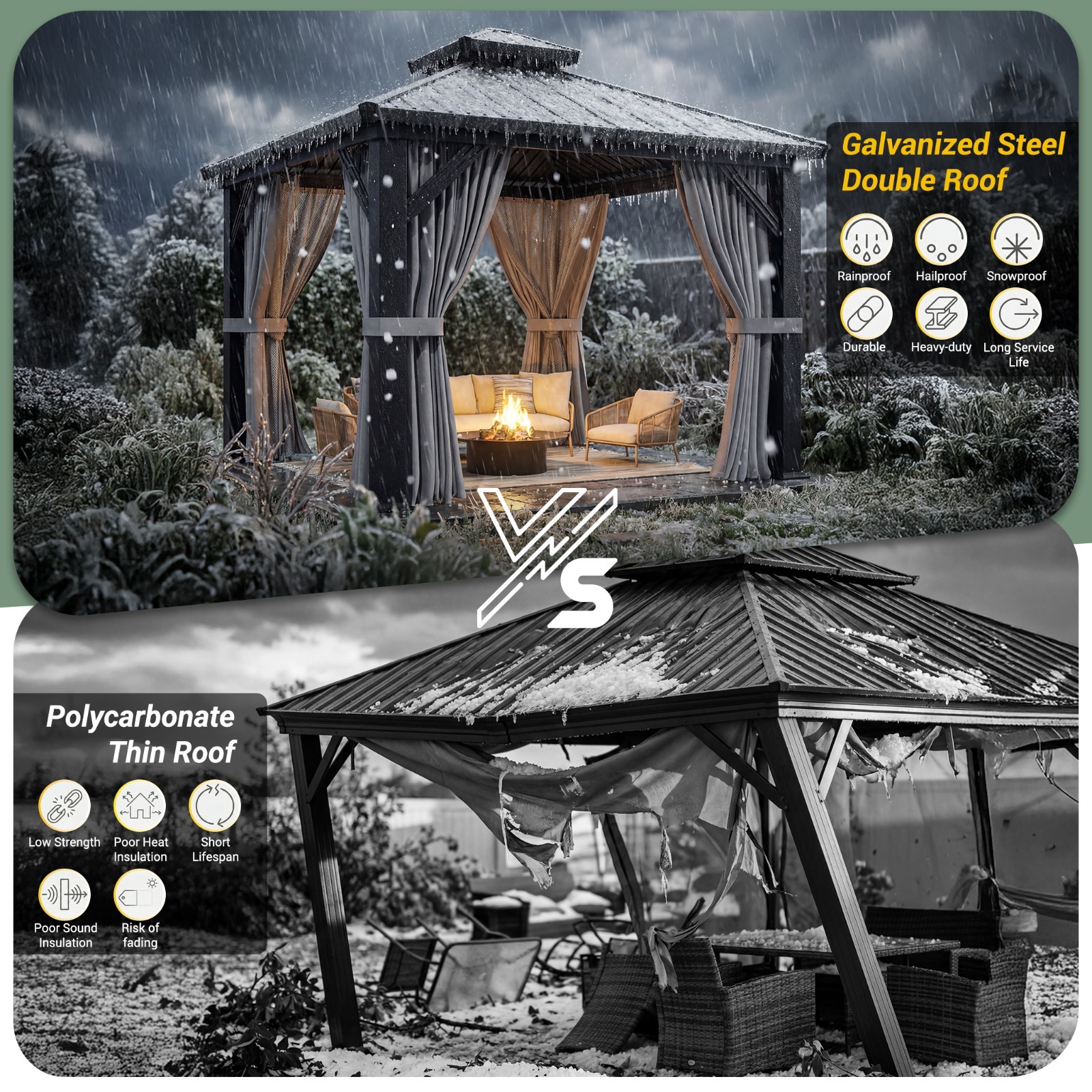 10 x 12 ft Hardtop Gazebo Steel Double Roof with Curtains