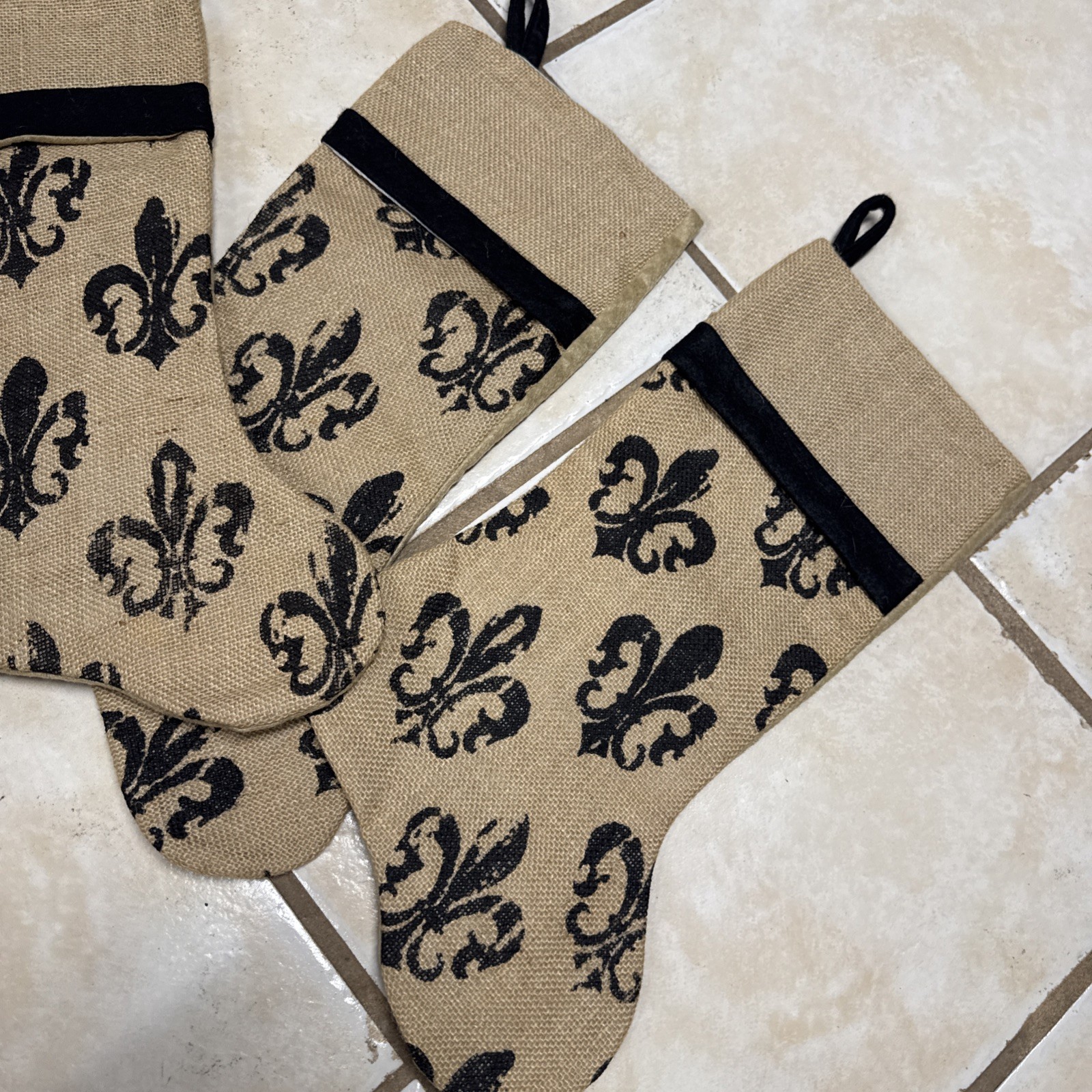 3 Hobby Lobby Fluer Di Lis Christmas Stockings Burlap French Cajun Classic EUC