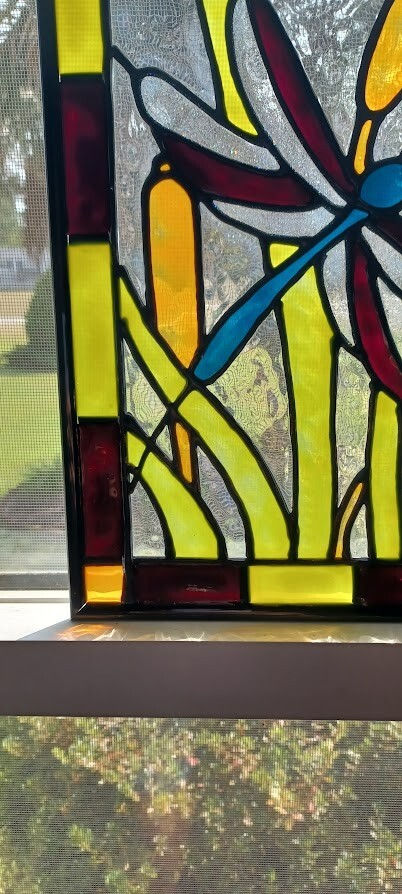 Dragonfly Stained Glass Window Panel Hand Painted