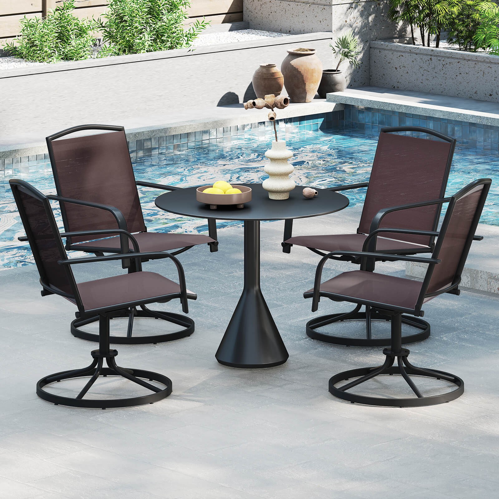 Patio Swivel Chairs Set of 2 w/ High Back & Round Metal Base for Backyard