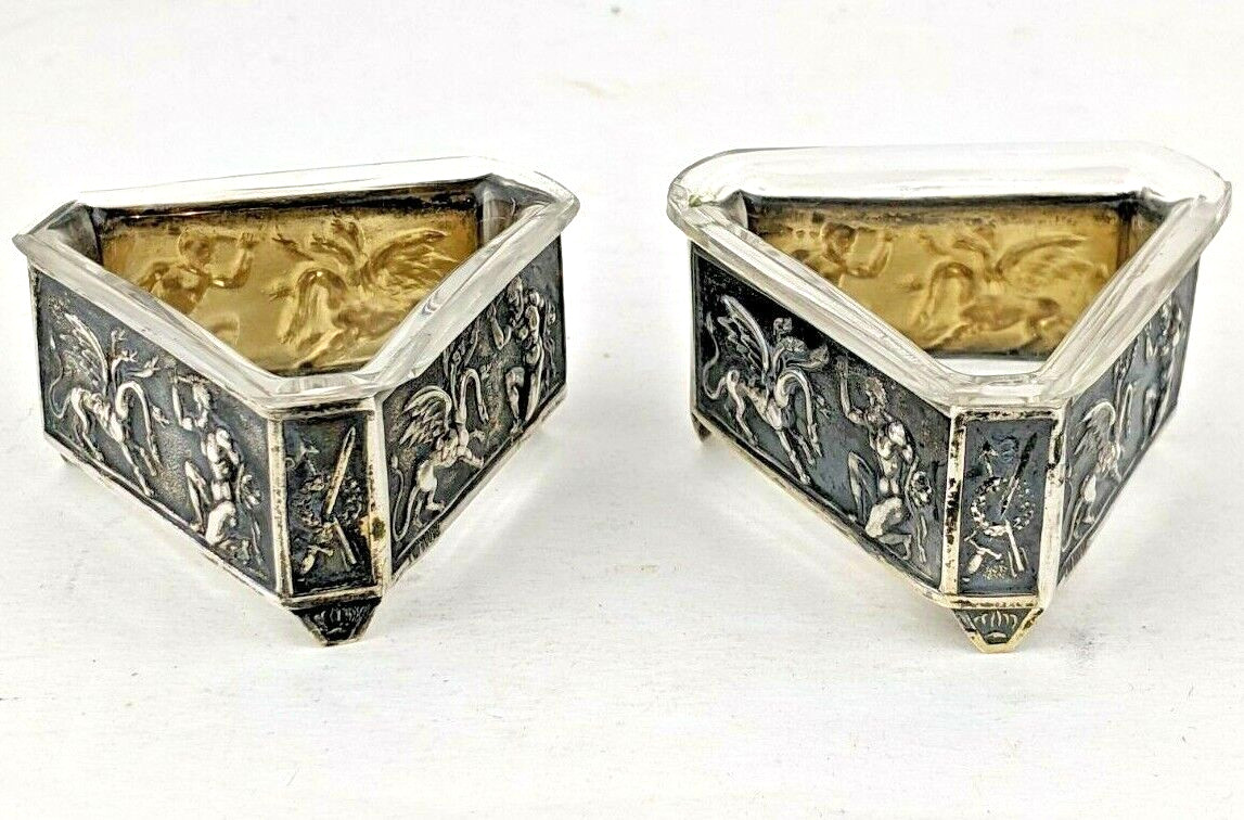800 Silver Antique Germany Figural Mythology Glass Lined Salt Cellars RARE Pair