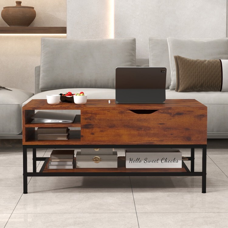 Lift Top Coffee Table, Hidden Storage Space Removable Storage Rack 2 Compartment
