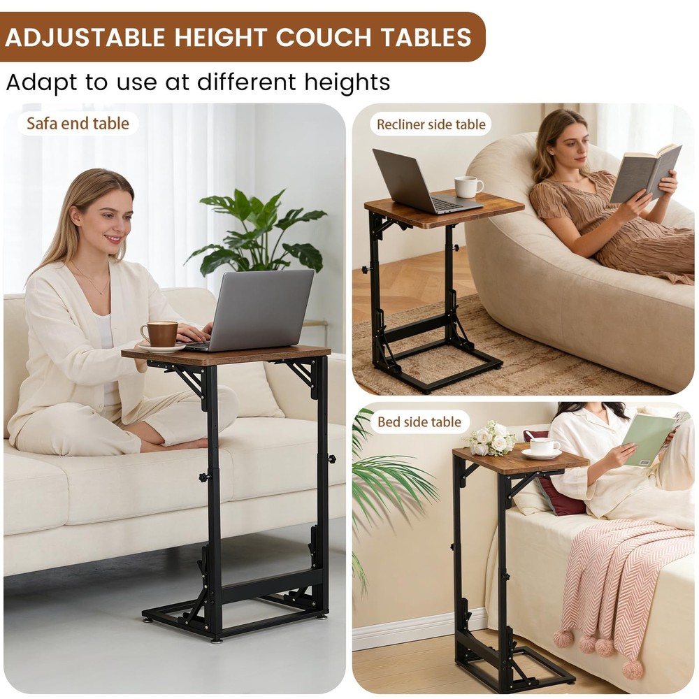Folding Side Table, Adjustable C-Shaped End Table for Couch, Metal Frame TV T...