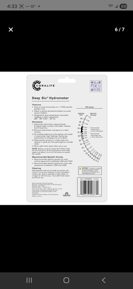 New, Coralife Deep Six Hydrometer, Specific Gravity Meter, Salinity Tester