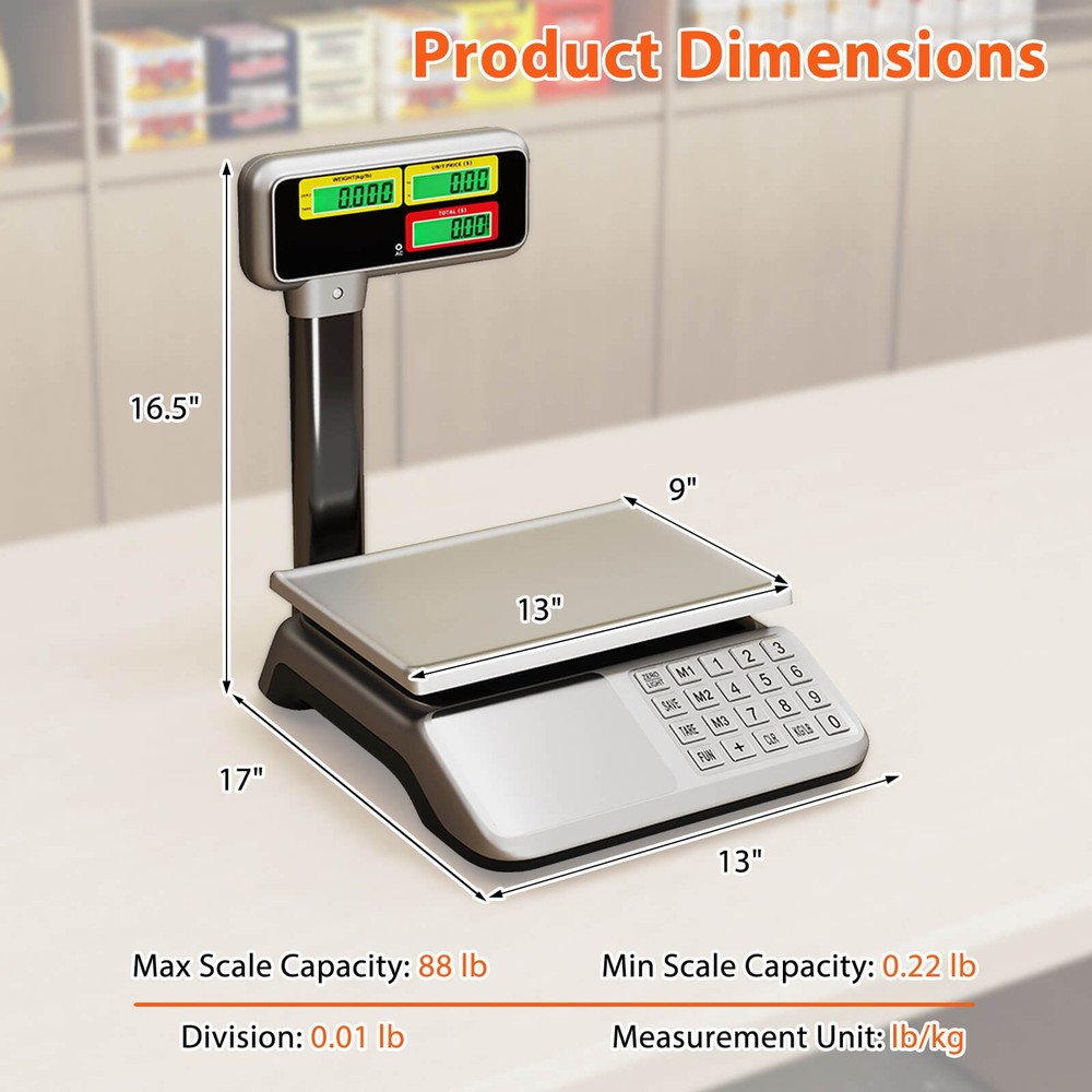 88lb Price Computing Scale w/Pole Dual LCD Display,Counting Function for Retail