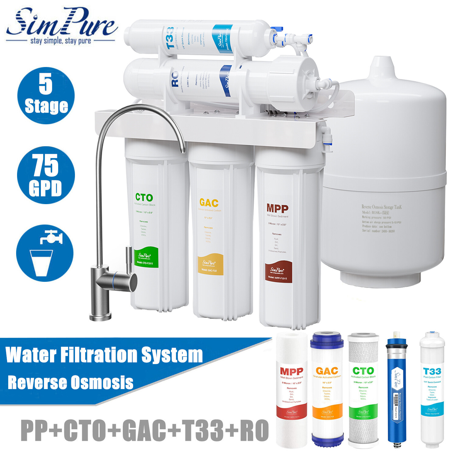 5 Stage Reverse Osmosis Home Drinking Water Filter System Purifier Extra Filters
