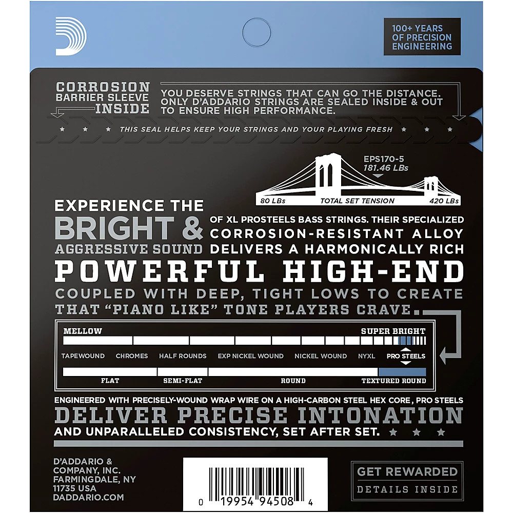 D'Addario ProSteels EPS170-5 Regular Light 5-String Bass Strings