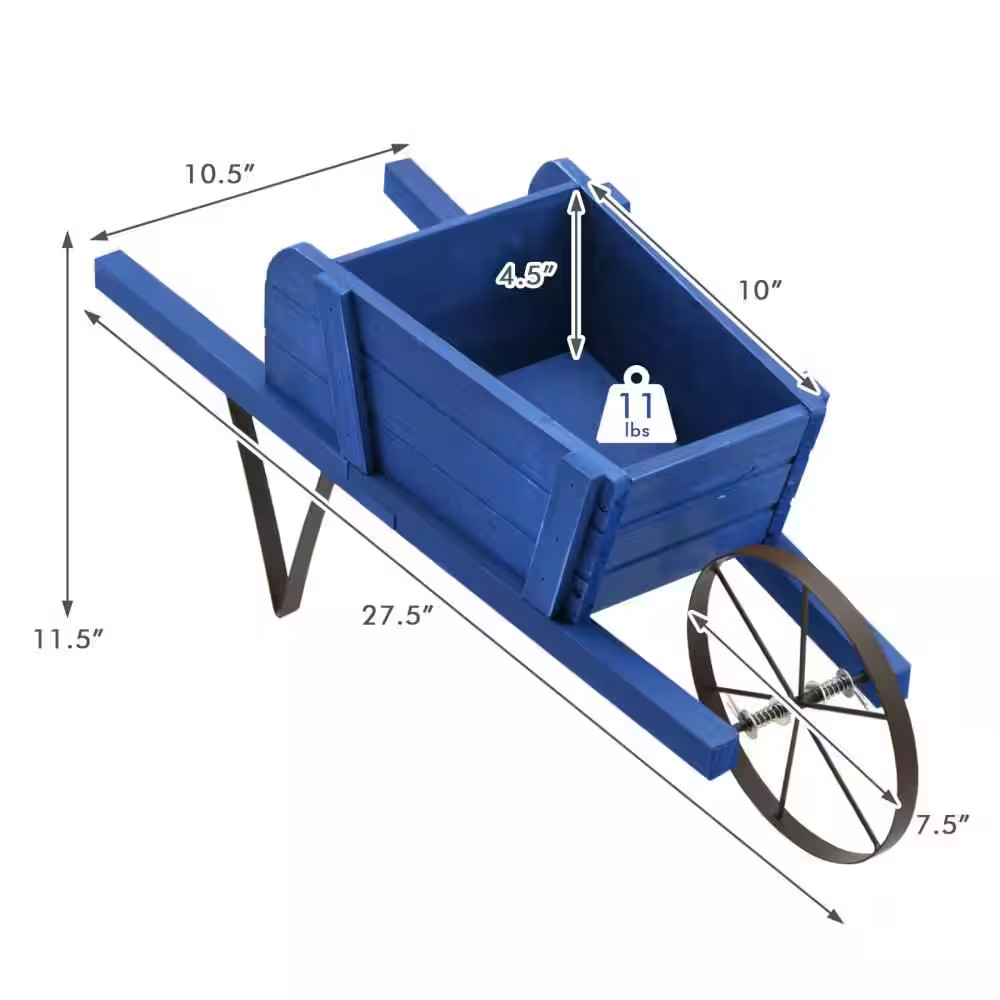 Wood Wagon Planter Decorative Indoor/Outdoor Rustic Flower Cart with Wheel Blue