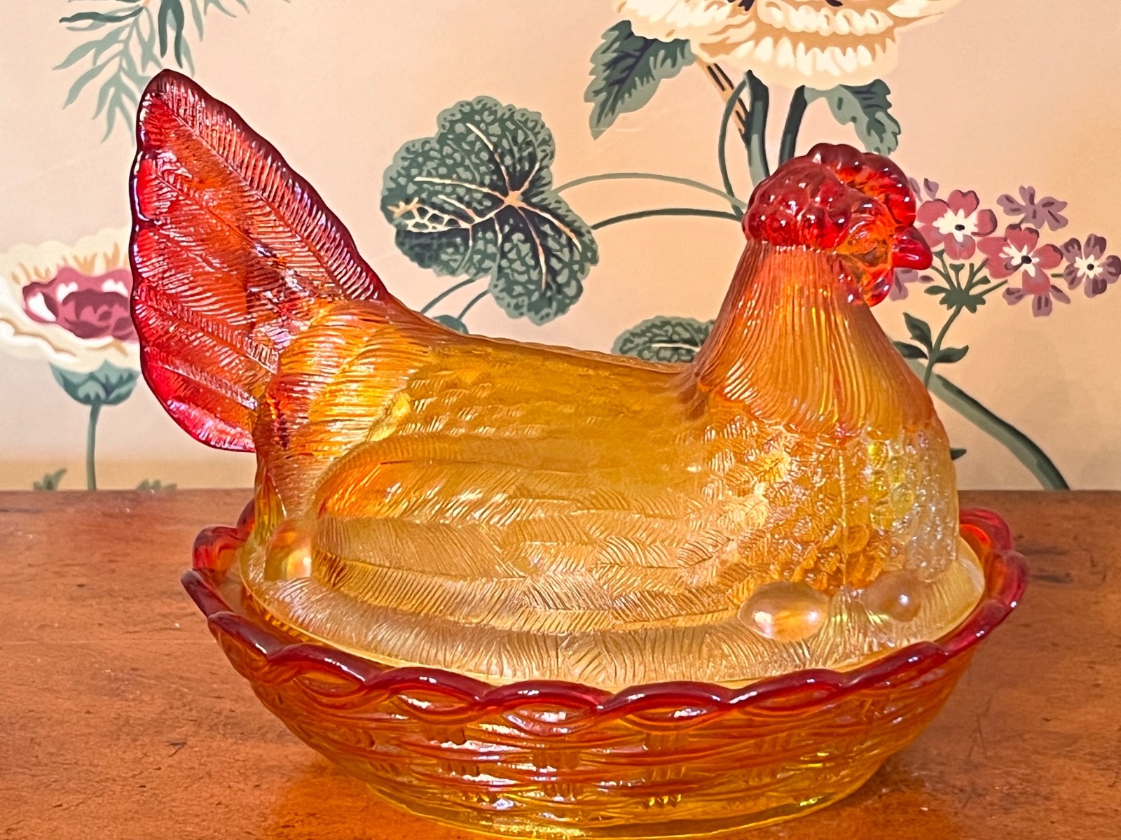 RARE! LG Wright XL Amberina Glass Hen On Nest 7 1/2" MINT!