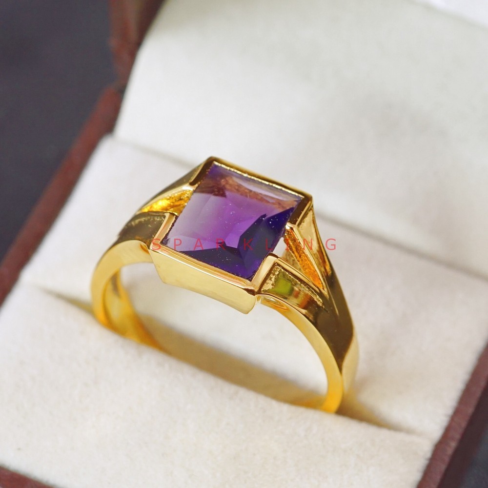 Amethyst Baguette Cut With 14K Solid   Gold  Ring For Men's #E486
