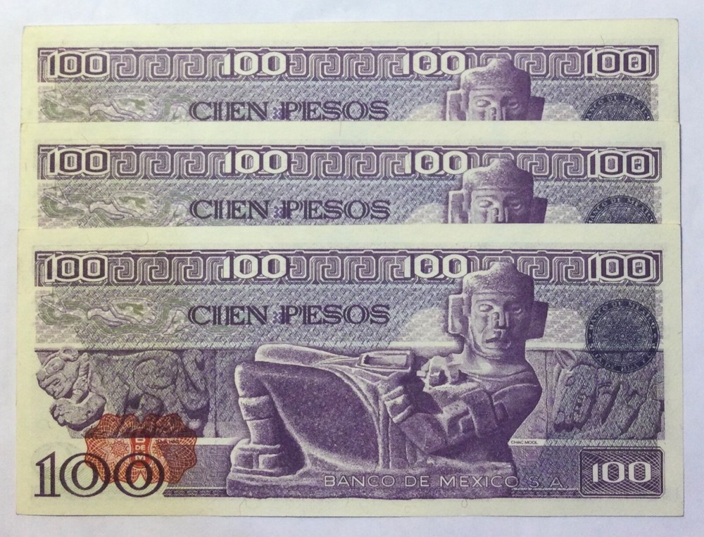 1981 $100 PESOS 3 NOTES UNCIRCULATED SERIAL NUMBERS IN SEQUENCE