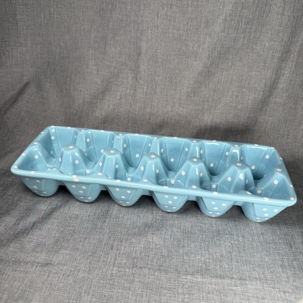Ceramic Egg Dozen Holder Decor Light Blue White Polka Dot Cottage Core Easter