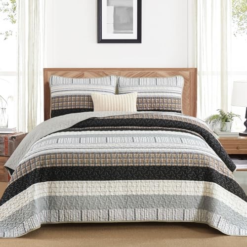 Striped Quilt Set Size Boho Bedspread Set 3 Pieces Patchwork King Brown