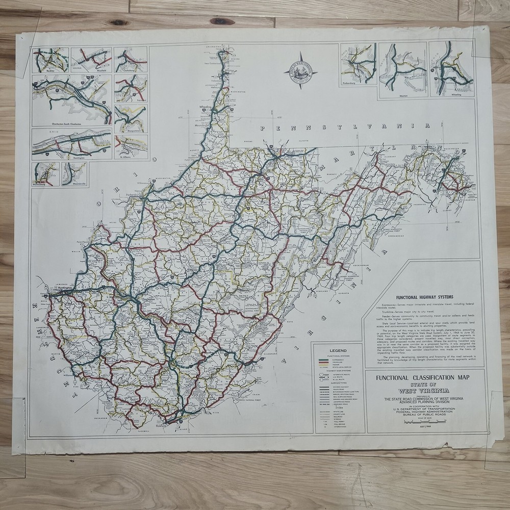 1968 West Virginia Map Functional Highway System Classification 25x22" 1 Sided