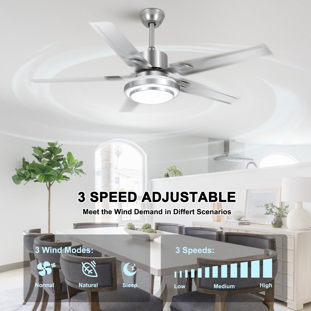 52-inch Silver Ceiling Fan Light, 3-Color Dimming, Remote Control