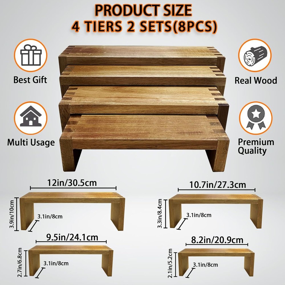 GYSYELL 8Pcs Wood Risers Display Stands 2 Set,4 Tier Rectangular Spice Acacia