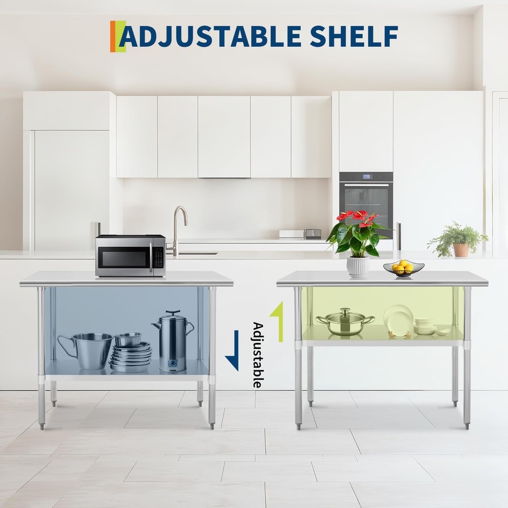 Adjustable Shelf Stainless Steel Kitchen Prep Table 48x30 Inch Work Table