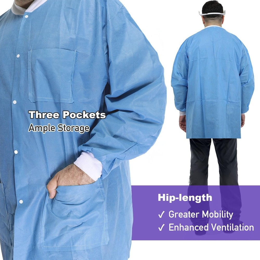 Disposable Lab Jackets Durable SMS Multiple Layers 45G Hip Length with Pockets
