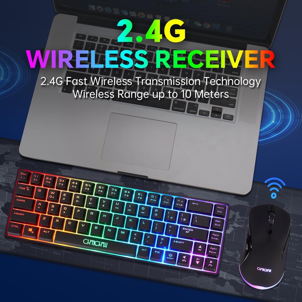Wireless 60% Gaming Keyboard and Mouse Combo, LED Backlit, Rechargeable, Compact