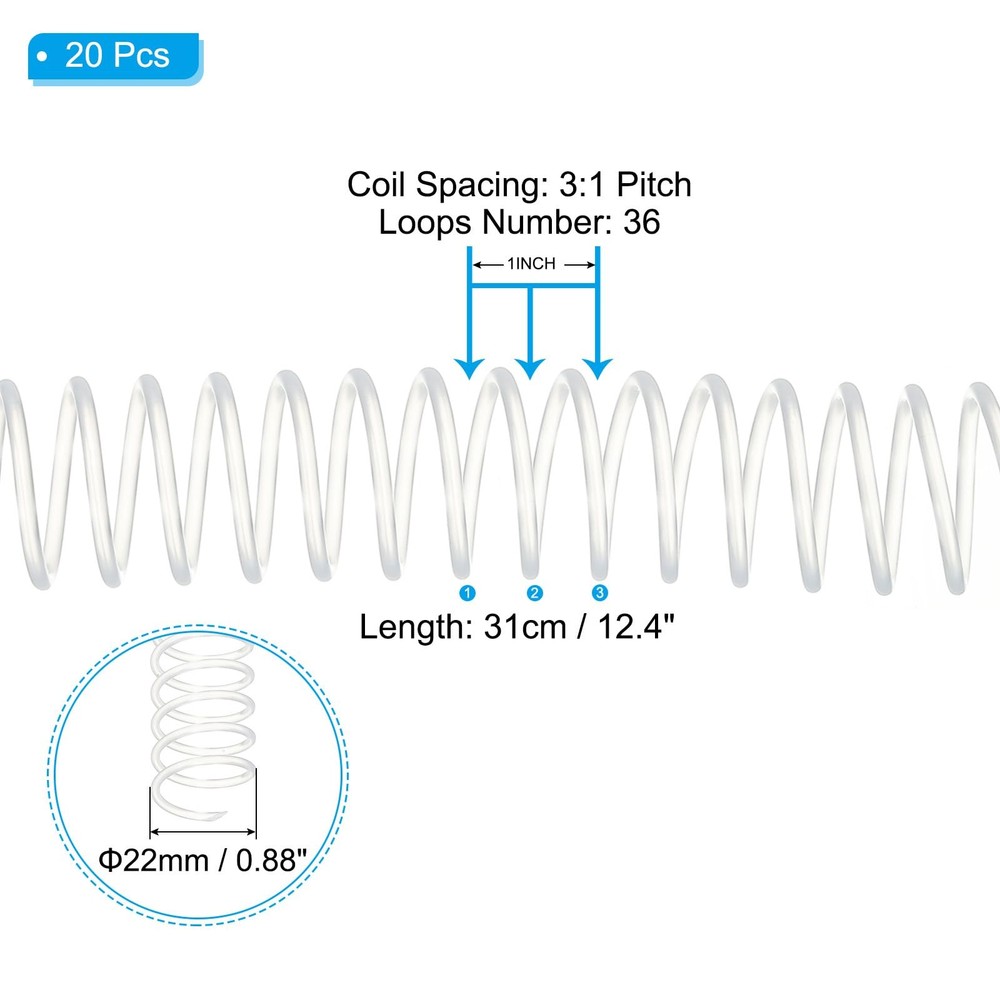 22mm7/8" Plastic Spiral Binding Coils 20 Pcs Binding Spirals 190 Sheet Capaci...