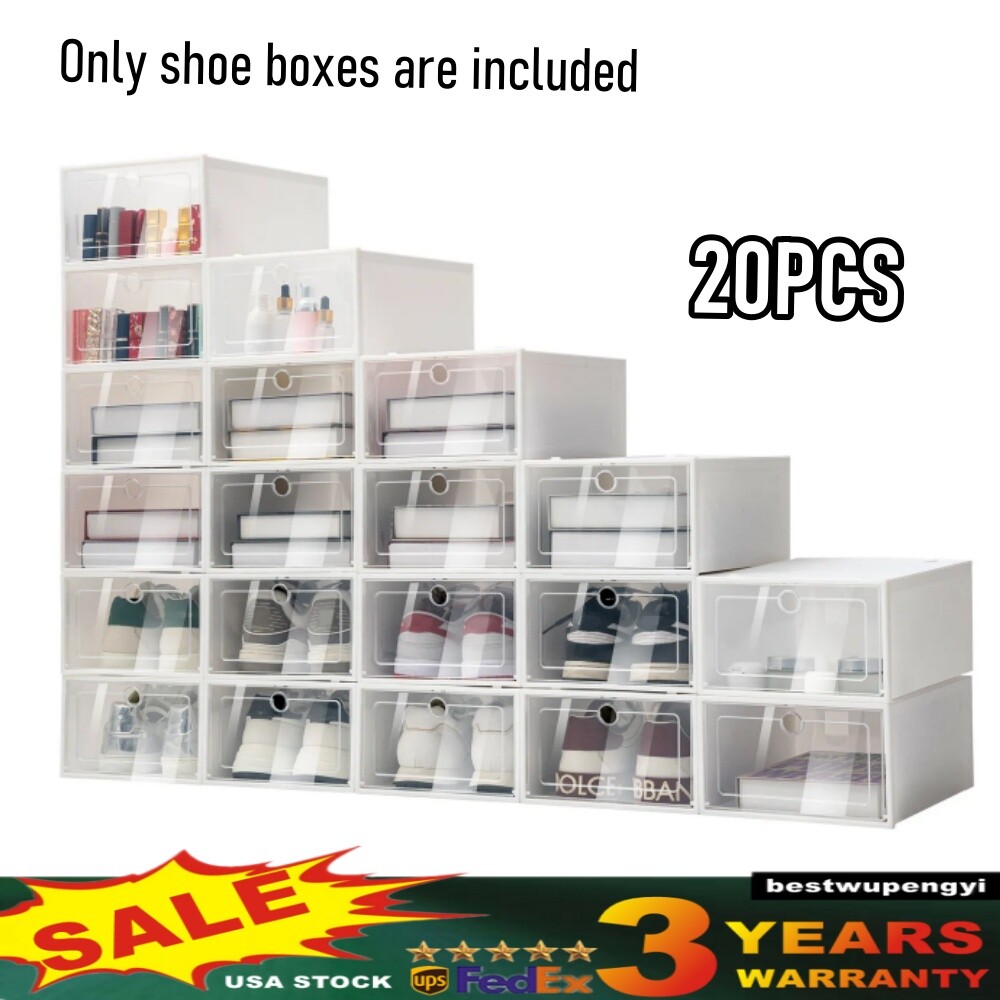 20pc Large Plastic Shoe Storage Boxes Drawer Stackable Foldable Organiser Clear