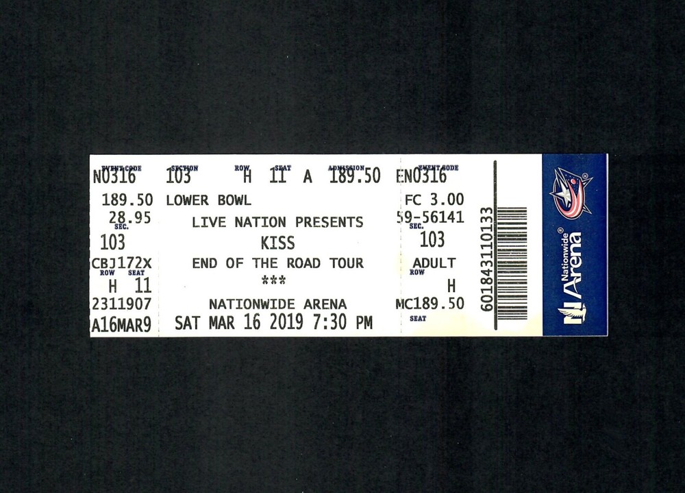 KISS Full Ticket Stub 2019 End of the Road Tour Nationwide Arena Columbus OH