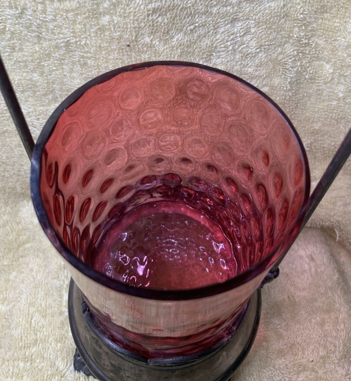 Antique Victorian Style Pickle Castor W/ Tongs Coin Dot Glass Cranberry Red