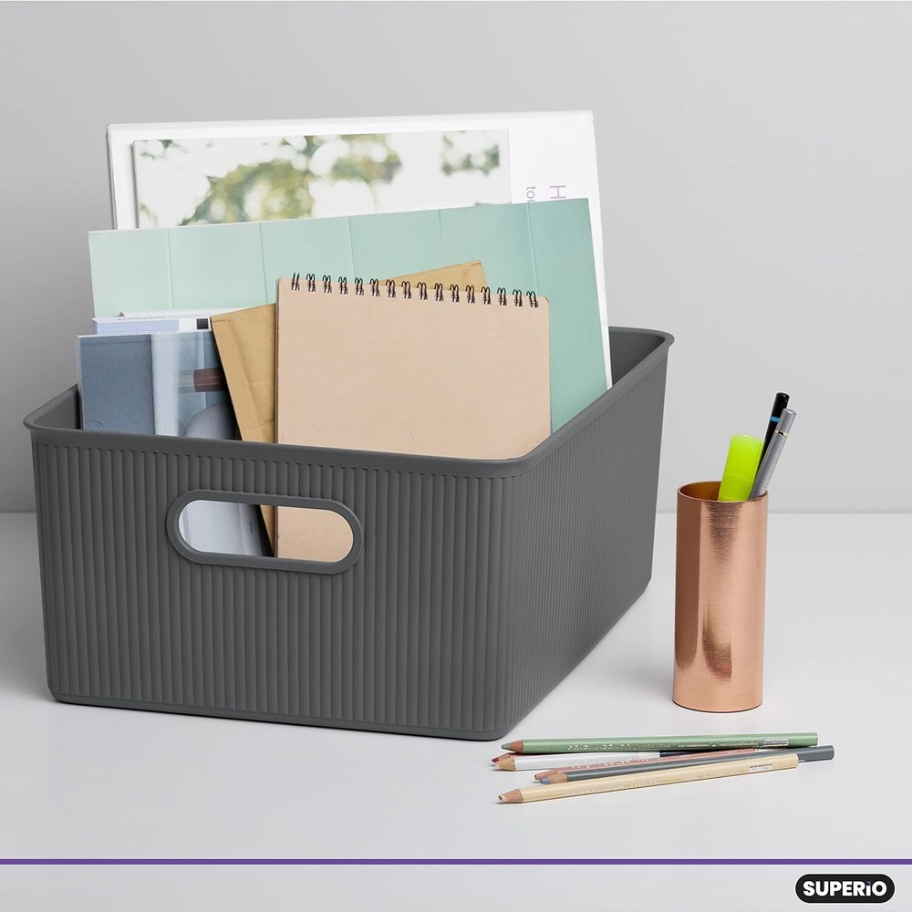 Superio 15L Medium Ribbed Storage Bin- Plastic Storage Bin (4 Pack, Grey)