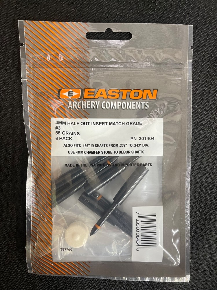 Easton Archery 4MM Match Grade Half Out Inserts 6 Pack Multiple Sizes